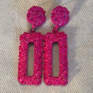 Floral Painted Fuchsia Pink Cut out rectangle dangles round stud Earrings